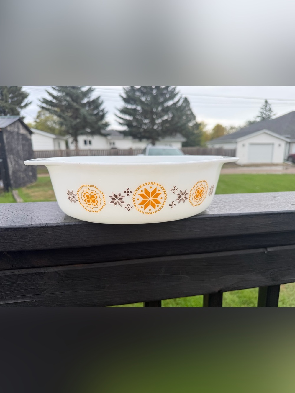 1960s Pyrex Town and Country Casserole Dish with Orange Geometric Pattern